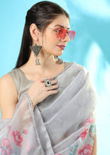 Load image into Gallery viewer, Light Grey Floral Printed Organza Saree with Embroiderd Butta