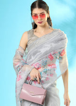 Load image into Gallery viewer, Light Grey Floral Printed Organza Saree with Embroiderd Butta
