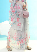 Load image into Gallery viewer, Light Grey Floral Printed Organza Saree with Embroiderd Butta
