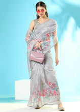 Load image into Gallery viewer, Light Grey Floral Printed Organza Saree with Embroiderd Butta