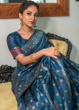 Load image into Gallery viewer, Prussian Blue Zari Woven Tussar Silk Saree with Tassels on Pallu