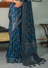 Load image into Gallery viewer, Prussian Blue Zari Woven Tussar Silk Saree with Tassels on Pallu