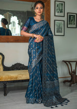 Load image into Gallery viewer, Prussian Blue Zari Woven Tussar Silk Saree with Tassels on Pallu