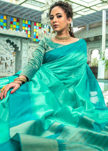 Cargar imagen en el visor de la galería, Turquoise Green Designer Woven South Silk Saree