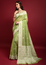 Load image into Gallery viewer, Pear Green Chikankari Woven Chanderi Cotton Saree