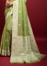 Load image into Gallery viewer, Pear Green Chikankari Woven Chanderi Cotton Saree