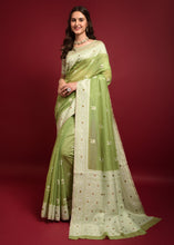 Load image into Gallery viewer, Pear Green Chikankari Woven Chanderi Cotton Saree