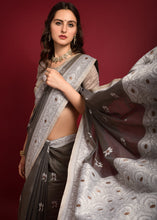 Load image into Gallery viewer, Charcoal Grey Chikankari Woven Chanderi Cotton Saree
