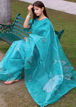 Load image into Gallery viewer, Teal Blue Digital Floral Print Organza Saree