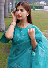 Load image into Gallery viewer, Teal Blue Digital Floral Print Organza Saree