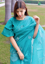 Load image into Gallery viewer, Teal Blue Digital Floral Print Organza Saree