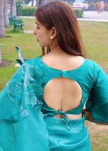 Load image into Gallery viewer, Teal Blue Digital Floral Print Organza Saree