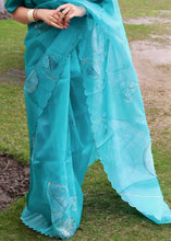 Load image into Gallery viewer, Teal Blue Digital Floral Print Organza Saree