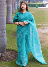 Load image into Gallery viewer, Teal Blue Digital Floral Print Organza Saree
