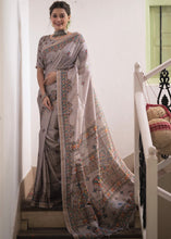 Load image into Gallery viewer, Mink Grey Kalamkari Printed Soft Tussar Silk Saree