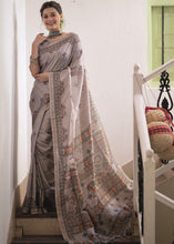 Load image into Gallery viewer, Mink Grey Kalamkari Printed Soft Tussar Silk Saree