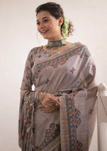 Load image into Gallery viewer, Mink Grey Kalamkari Printed Soft Tussar Silk Saree