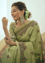 Load image into Gallery viewer, Pista Green Kalamkari Printed Soft Tussar Silk Saree