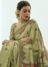 Load image into Gallery viewer, Pista Green Kalamkari Printed Soft Tussar Silk Saree