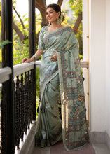 Load image into Gallery viewer, Tea Green Kalamkari Printed Soft Tussar Silk Saree