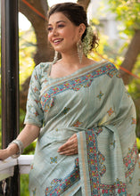 Load image into Gallery viewer, Tea Green Kalamkari Printed Soft Tussar Silk Saree