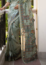 Load image into Gallery viewer, Tea Green Kalamkari Printed Soft Tussar Silk Saree