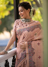 Load image into Gallery viewer, Peach Pink Kalamkari Printed Soft Tussar Silk Saree