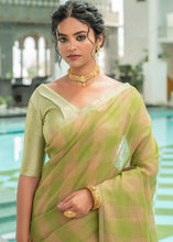 Load image into Gallery viewer, Olive Green Woven Checks Linen Saree
