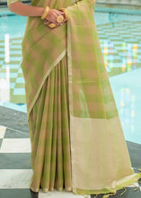 Load image into Gallery viewer, Olive Green Woven Checks Linen Saree