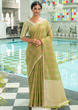 Load image into Gallery viewer, Olive Green Woven Checks Linen Saree