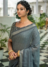 Load image into Gallery viewer, Porpoise Grey Linen Saree with Tassels on Pallu