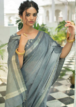 Load image into Gallery viewer, Porpoise Grey Linen Saree with Tassels on Pallu