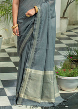 Load image into Gallery viewer, Porpoise Grey Linen Saree with Tassels on Pallu