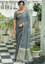 Load image into Gallery viewer, Porpoise Grey Linen Saree with Tassels on Pallu