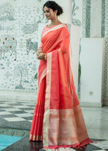Load image into Gallery viewer, Imperial Red Linen Saree having Zari Woven Stripes