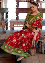Load image into Gallery viewer, Crimson Red Printed Patola Silk Saree with Zari Border &amp; Tassels on Pallu