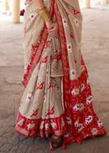 Cargar imagen en el visor de la galería, Oat Brown Printed Patola Silk Saree with Zari Border &amp; Tassels on Pallu