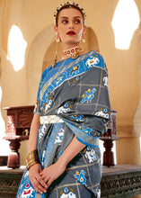 Load image into Gallery viewer, Iron Grey Printed Patola Silk Saree with Zari Border &amp; Tassels on Pallu