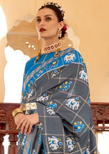 Load image into Gallery viewer, Iron Grey Printed Patola Silk Saree with Zari Border &amp; Tassels on Pallu