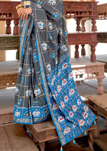 Load image into Gallery viewer, Iron Grey Printed Patola Silk Saree with Zari Border &amp; Tassels on Pallu