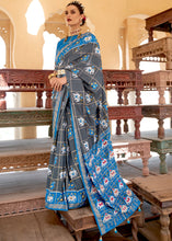 Load image into Gallery viewer, Iron Grey Printed Patola Silk Saree with Zari Border &amp; Tassels on Pallu