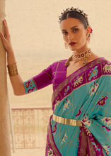 Load image into Gallery viewer, Turquoise Green Printed Patola Silk Saree with Zari Border &amp; Tassels on Pallu