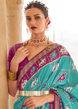 Load image into Gallery viewer, Turquoise Green Printed Patola Silk Saree with Zari Border &amp; Tassels on Pallu