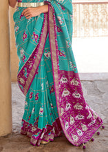 Load image into Gallery viewer, Turquoise Green Printed Patola Silk Saree with Zari Border &amp; Tassels on Pallu