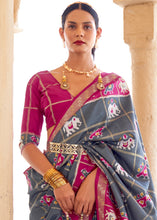 Cargar imagen en el visor de la galería, Stormy Grey Printed Patola Silk Saree with Zari Border &amp; Tassels on Pallu
