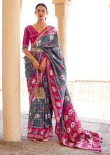 Cargar imagen en el visor de la galería, Stormy Grey Printed Patola Silk Saree with Zari Border &amp; Tassels on Pallu