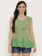 Load image into Gallery viewer, Peplum top with asymmetric ruffle and printed hem