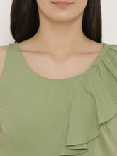 Load image into Gallery viewer, Peplum top with asymmetric ruffle and printed hem