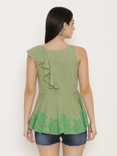 Load image into Gallery viewer, Peplum top with asymmetric ruffle and printed hem