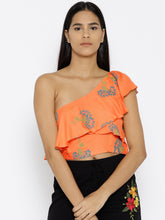 Load image into Gallery viewer, One shoulder frill printed crop top